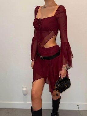 Current Mood Dolls Kill Dark Red Mesh 2 pc Top XS &  Skirt Size Small